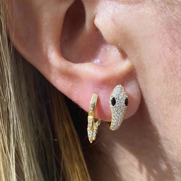 🐍Serpent Snake Hoop Stacking 925 Sterling Silver Yellow Gold Green Zircon Pave - Picture 5 of 16